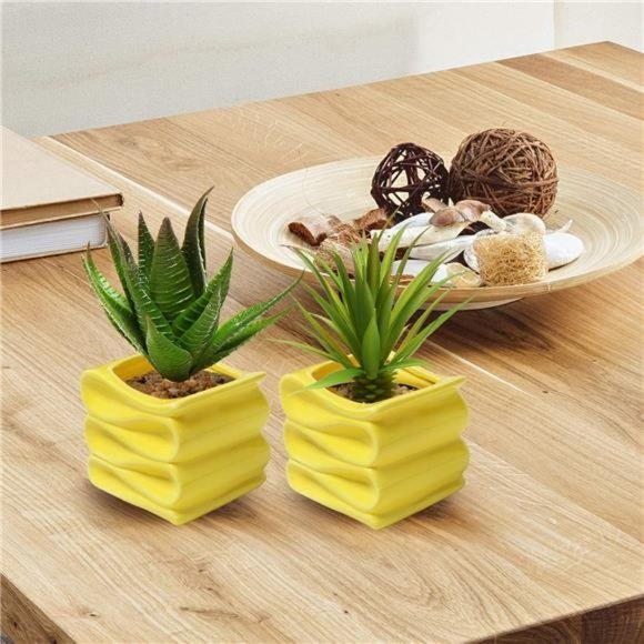 4 Inch Yellow Ceramic Indoor Plant Pot with Drainage Hole,Mini Modern Decorative - Picture 6 of 7